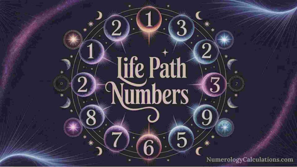 A dark, cosmic-themed graphic shows a circular numerology chart with glowing orbs labeled with numbers (1, 2, 3, 5, 6, 7, 8, 9) surrounding the centered title “Life Path Numbers,” accented by stars and crescent moons. The bottom-right corner includes the website name “NumerologyCalculations.com.”