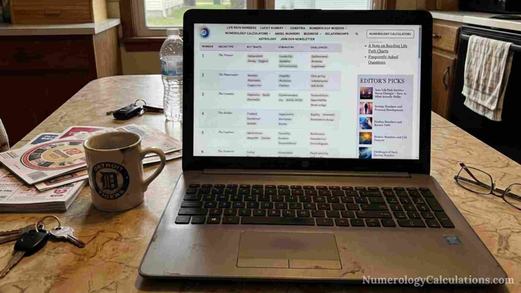 A kitchen table workspace with an HP laptop open to the NumerologyCalculations.com website, alongside a Detroit Tigers mug, a water bottle, keys, reading materials, and a pair of eyeglasses, with cabinets, a stove, and a towel visible in the background.